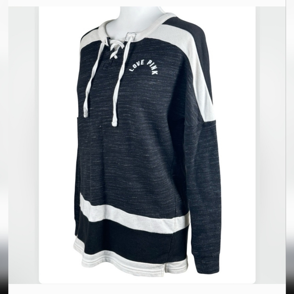PINK Sweatshirt black and white with drawstring Size Medium - Picture 3 of 4